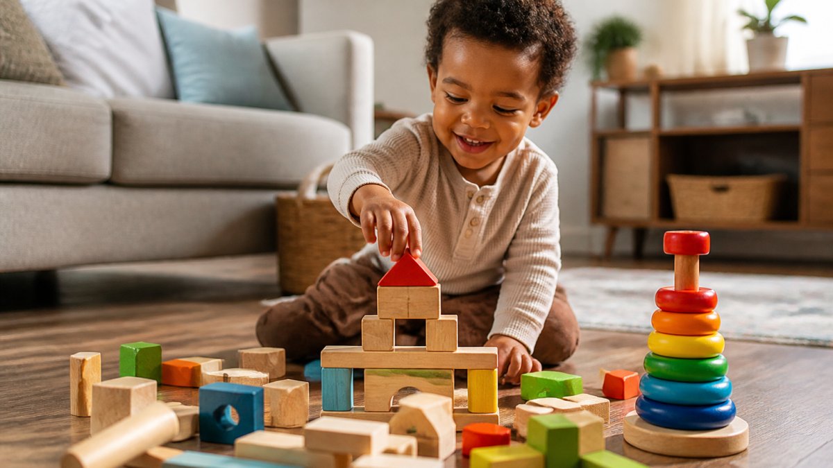 Toddler playing energetically with wooden blocks and stacking toys on a living room floor, smiling and engaged, natural sunlight streaming through windows