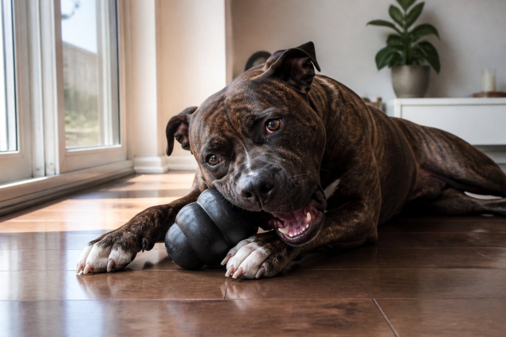 A large brindle pit bull actively chewing on a black rubber KONG toy on a hardwood floor, natural light from a nearby window, clean and modern home background