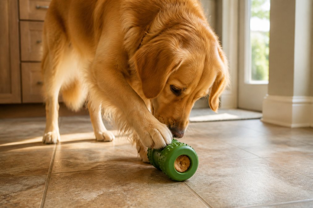 A golden retriever nosing and pawing at a green stuffable treat-dispensing toy on a kitchen tile floor, peanut butter visible inside the toy opening, warm natural light from a nearby window