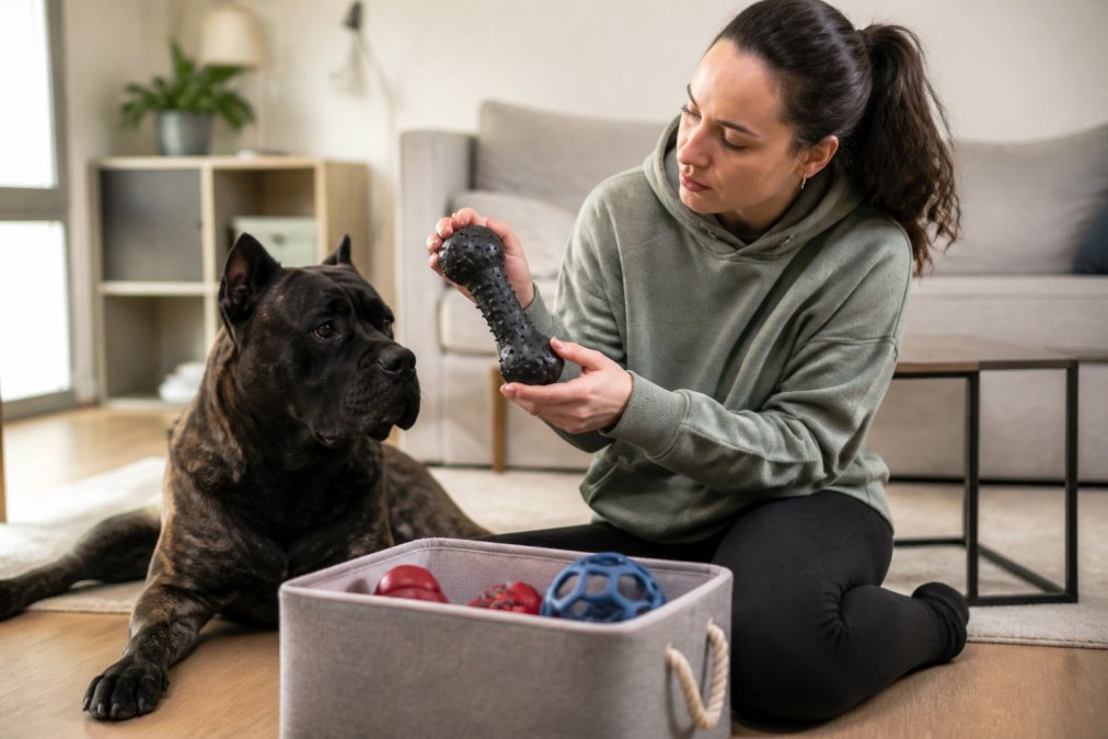 A person sitting on a living room floor with a large, powerful dog, holding up a thick rubber chew toy and inspecting it for damage, with a toy box nearby