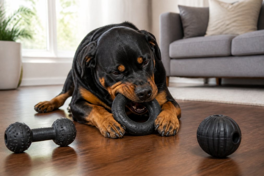 A large Rottweiler actively chewing on a thick black rubber ring toy on a hardwood floor, with two other heavy-duty rubber chew toys visible nearby, in a bright living room with natural window light