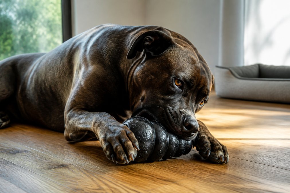 A large brindle Pit Bull mix lying on a hardwood floor, actively chewing a thick black rubber toy, natural afternoon light streaming through a nearby window highlighting the toy's textured surface and the dog's focused, relaxed expression