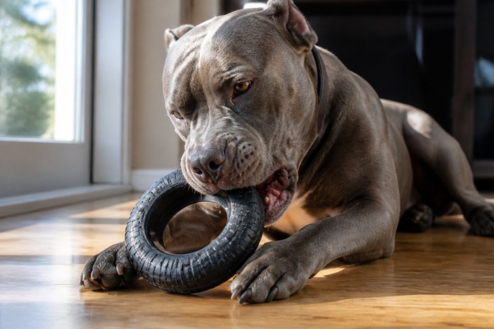 Large muscular dog actively chewing a heavy-duty black rubber ring toy on a hardwood floor, jaw visibly engaged, bright natural window light streaming from the left