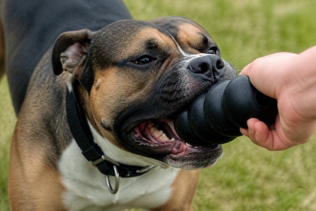 Close-up of a powerful dog with muscular jaw clamped intensely around a black rubber chew toy, showing the toy's resistance and the dog's focused determination during aggressive play