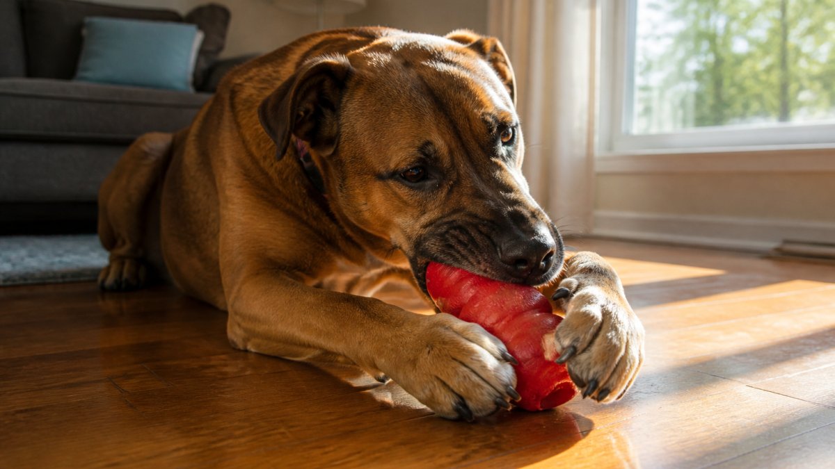 A large brown mixed-breed dog lying on a hardwood living room floor, gripping a bright red textured rubber toy between both front paws, afternoon sunlight through a window