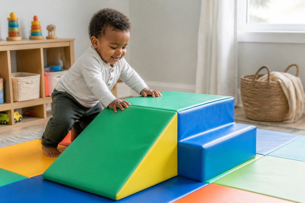 Happy toddler climbing on a colorful foam block, one of many durable toys in a bright, modern playroom.