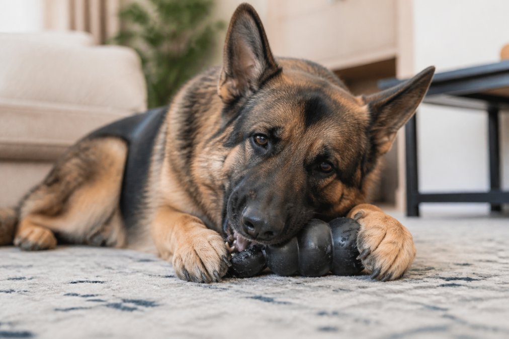 A strong-jawed German Shepherd lying on a living room rug, gripping a thick natural rubber toy between its front paws, with visible bite marks on the toy but no tearing or missing pieces