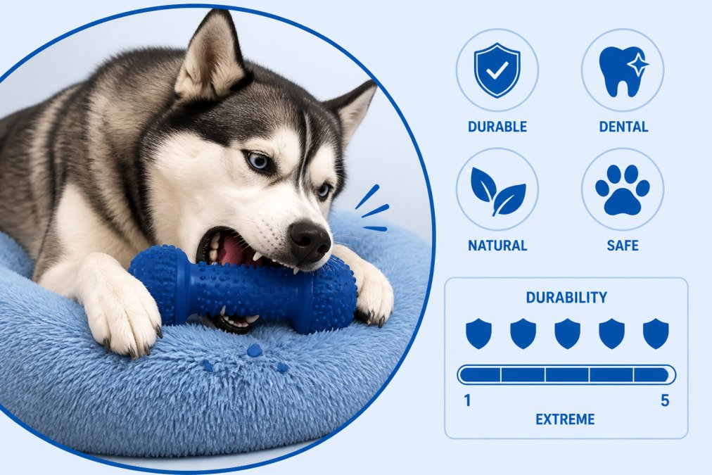 Large dog actively chewing on a durable natural rubber toy, showing engaged jaw movement and toy durability under real chewing pressure in bright natural lighting