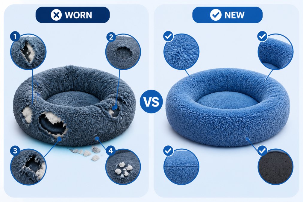 Side-by-side close-up comparison showing a heavily worn toy with visible tears, missing pieces, and deteriorated rubber next to a fresh, intact replacement toy with smooth, undamaged surface