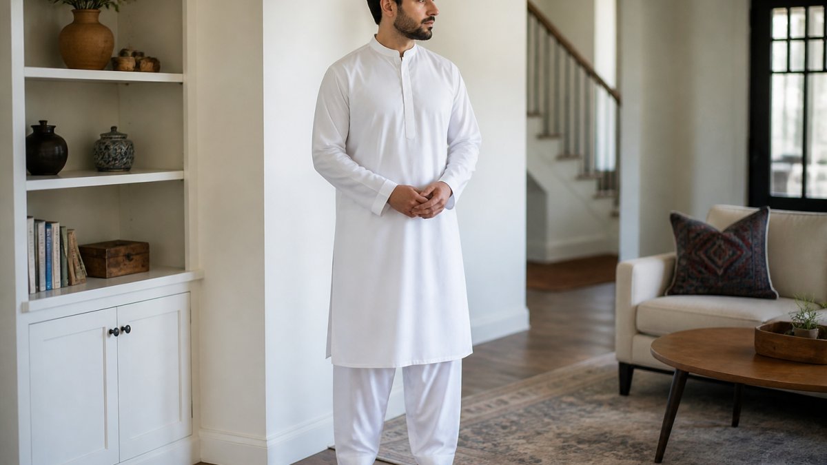 A person wearing a white traditional Afghan Parahan Tunban outfit, standing in a bright, modern home setting, showing the relaxed fit and clean design suitable for everyday wear