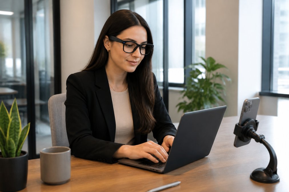 Professional woman at desk using AI camera smart glasses while reviewing work on laptop, with smartphone car holder mounted nearby, bright modern office workspace with natural lighting