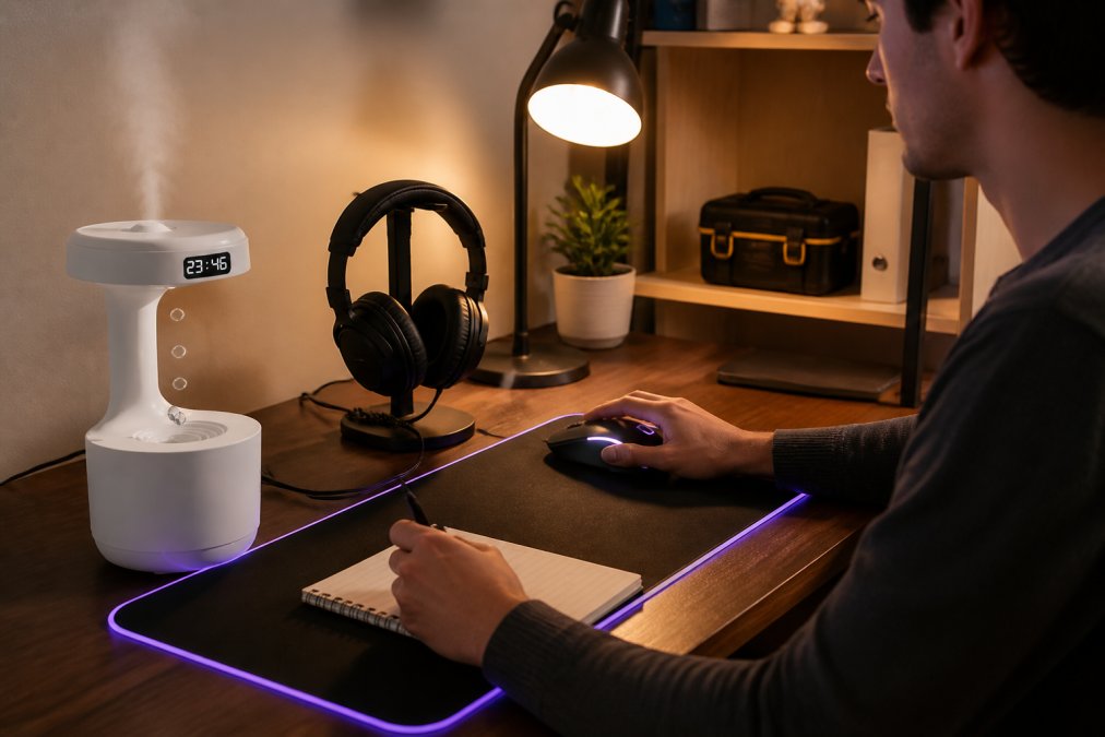 Remote worker at home desk with RGB mouse pad glowing softly, wired gaming headset, LED water drop humidifier diffuser creating ambient light, and portable inflator pump on shelf, productive workspace with warm lighting