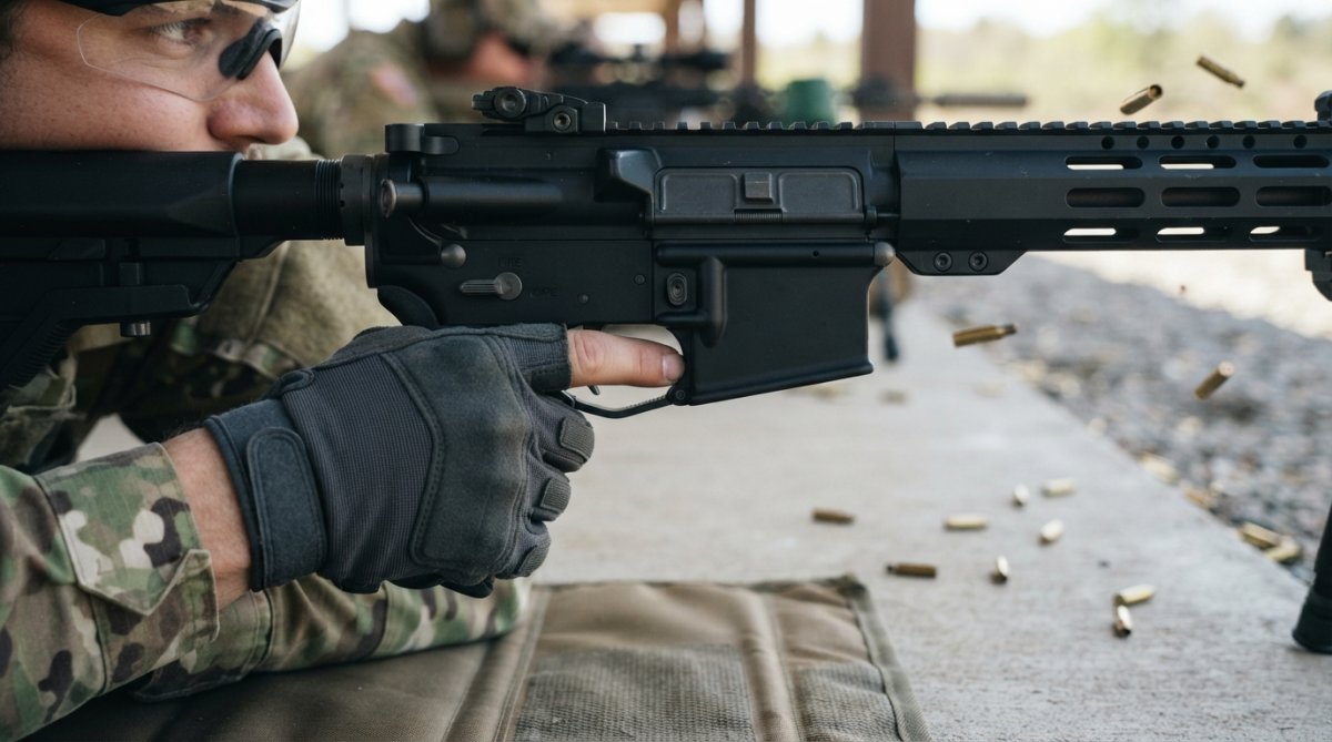 Close-up of competition shooter's hand positioned on rifle trigger during live fire at outdoor range, showing trigger shoe geometry and proper finger placement with brass casings visible in background