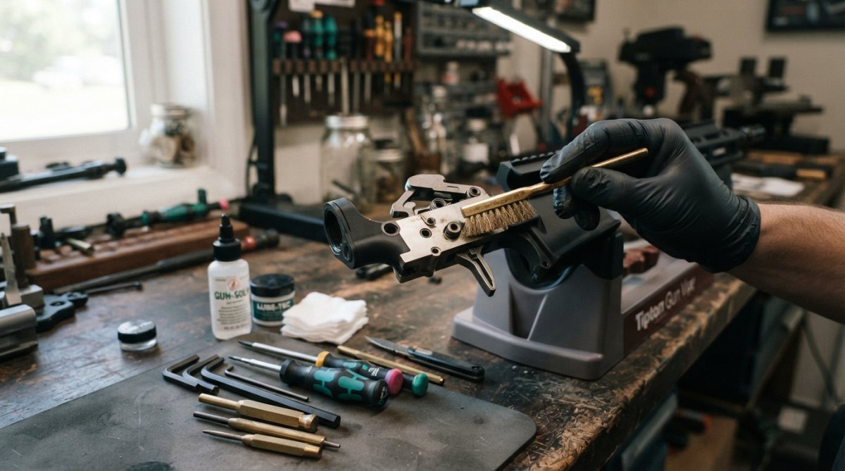 Detailed close-up of trigger assembly being cleaned with small brass brush and solvent, with maintenance tools including small screwdrivers, cleaning patches, and lubricant arranged on workbench with proper lighting