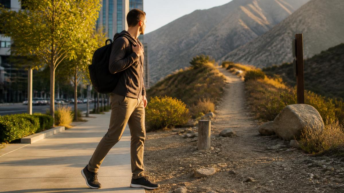 A young professional wearing durable trousers stepping from a city sidewalk toward a mountain trailhead, backpack on one shoulder, late afternoon light, urban buildings behind and a trail sign ahead