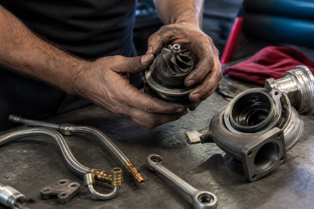 Close-up of a mechanic's hands inspecting a turbocharger compressor wheel on a workbench, with oil feed lines and tools visible in a garage setting