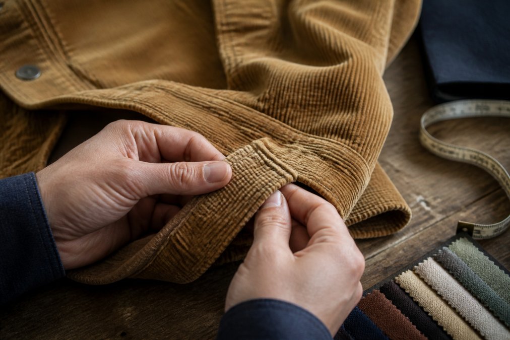 Close-up of hands inspecting the stitching and seam detail on a vintage-inspired corduroy jacket laid flat on a wooden table, with a fabric swatch and measuring tape nearby