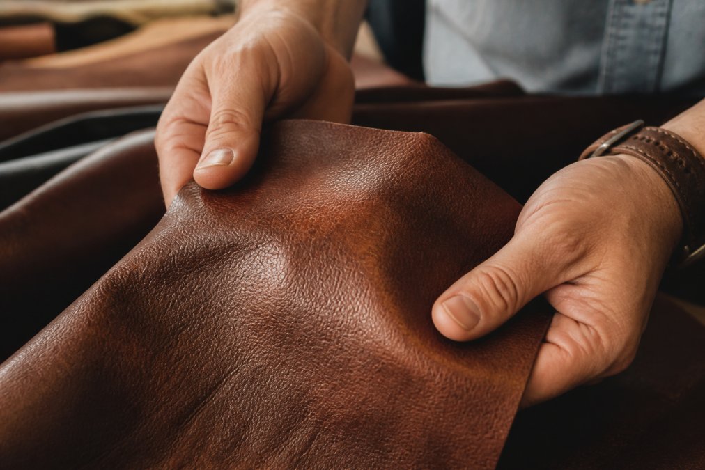 Close-up of genuine full-grain leather texture showing natural grain patterns, rich color variation, and patina development with hands examining the material surface under warm studio lighting