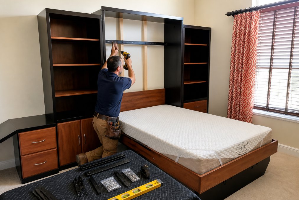 Professional installer in work clothes using a power drill to secure mounting brackets into wall studs, with a measuring tape and level visible on the work surface, in a bright bedroom with natural light