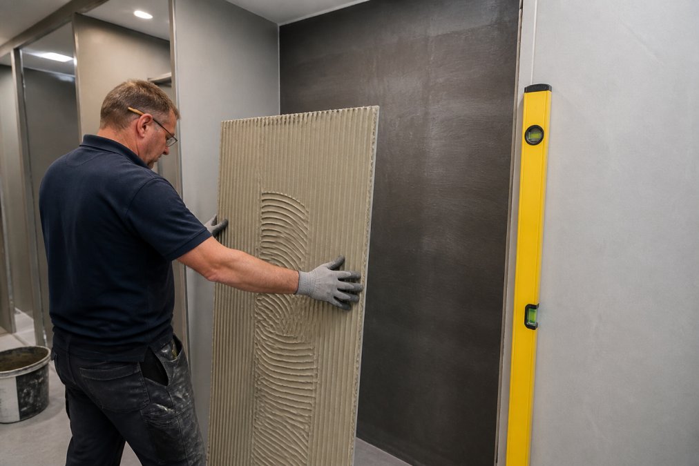 Professional bathroom fitter carefully applying adhesive to back of wall panel before pressing it firmly against prepared substrate in commercial washroom, with spirit level visible and careful attention to vertical alignment