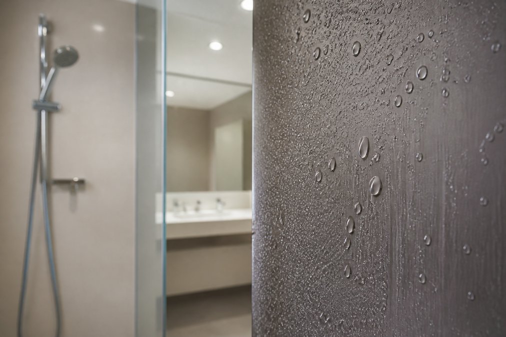 Close-up of water droplets beading and rolling off surface of high-pressure laminate wall panel in bright commercial bathroom lighting, demonstrating superior moisture-resistant properties
