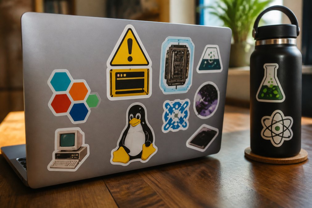 Close-up of a laptop lid covered with colorful vinyl stickers, featuring a retro operating system warning sticker and a Tux Linux mascot sticker, with a water bottle showing a science sticker nearby on a wooden desk in warm afternoon light