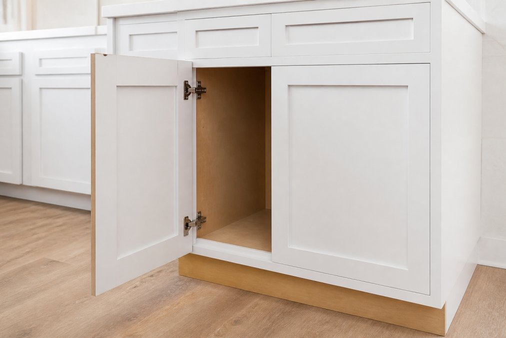 Close-up of white painted birch wood cabinet door with inset frame detail, showing soft-close hinges partially open and solid wood grain texture under natural kitchen lighting