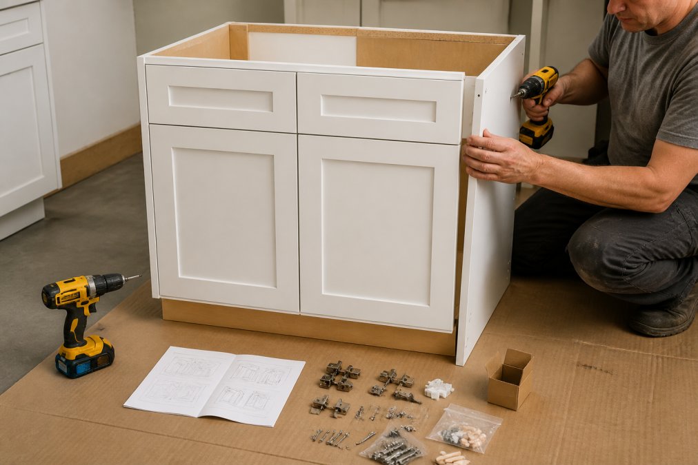 Contractor assembling white shaker base cabinet on kitchen floor with visible hardware components, assembly instructions, and power tools nearby under workshop lighting