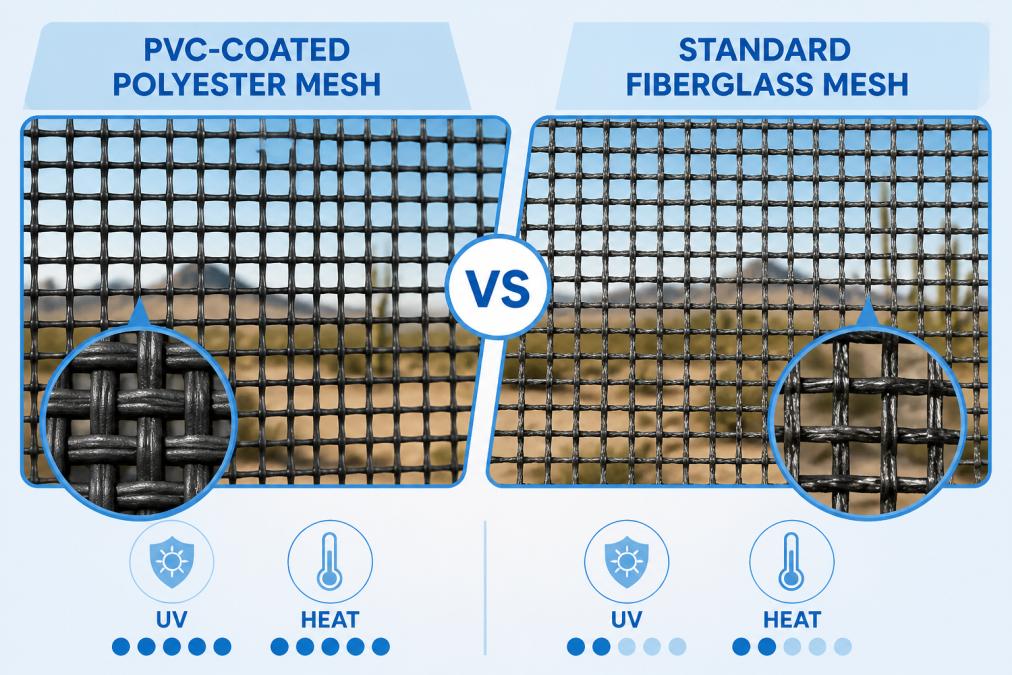 Close-up of PVC-coated polyester mesh material next to standard fiberglass mesh, showing the visible texture and weave pattern differences in natural desert sunlight