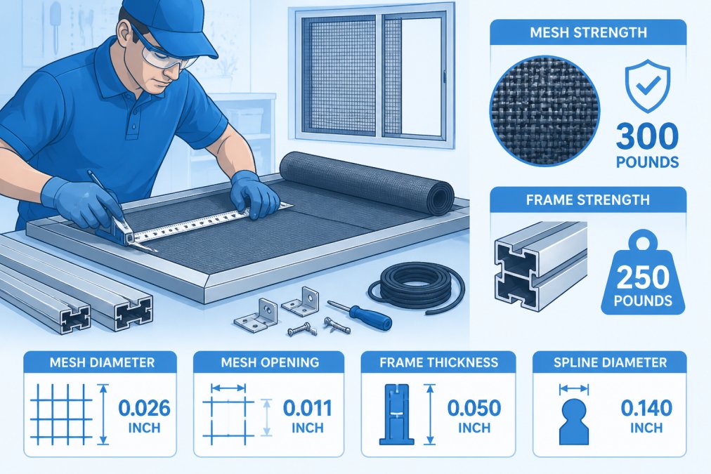 Professional technician carefully measuring and preparing materials for a reinforced window screen installation, showing close-up of heavy-duty mesh and aluminum frame components on a workbench