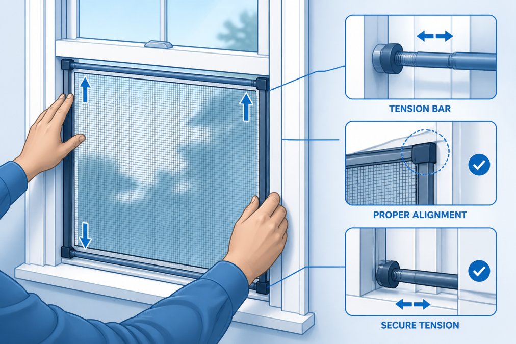 Close-up of a technician's hands carefully positioning and securing a tension-mounted safety screen into a double-hung window frame, showing proper alignment and tension bar placement