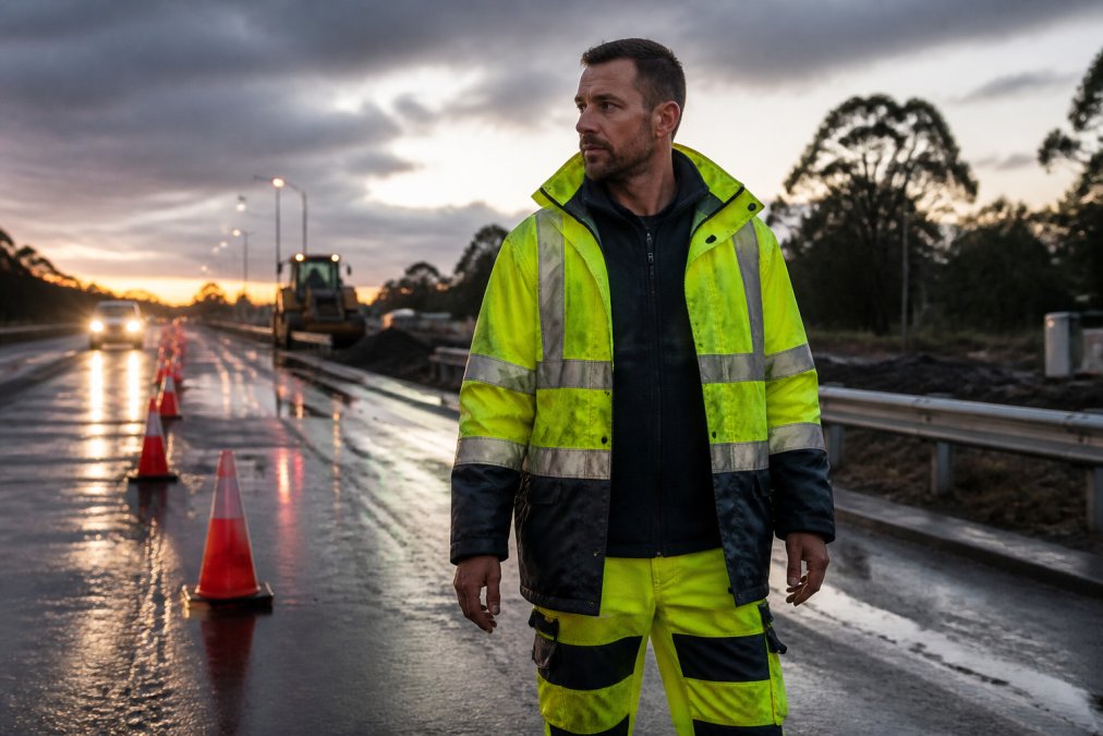 A road crew worker wearing a two-tone high-visibility waterproof jacket with reflective tape, standing near traffic cones on a wet road at dusk, with a jumper and work pants visible underneath
