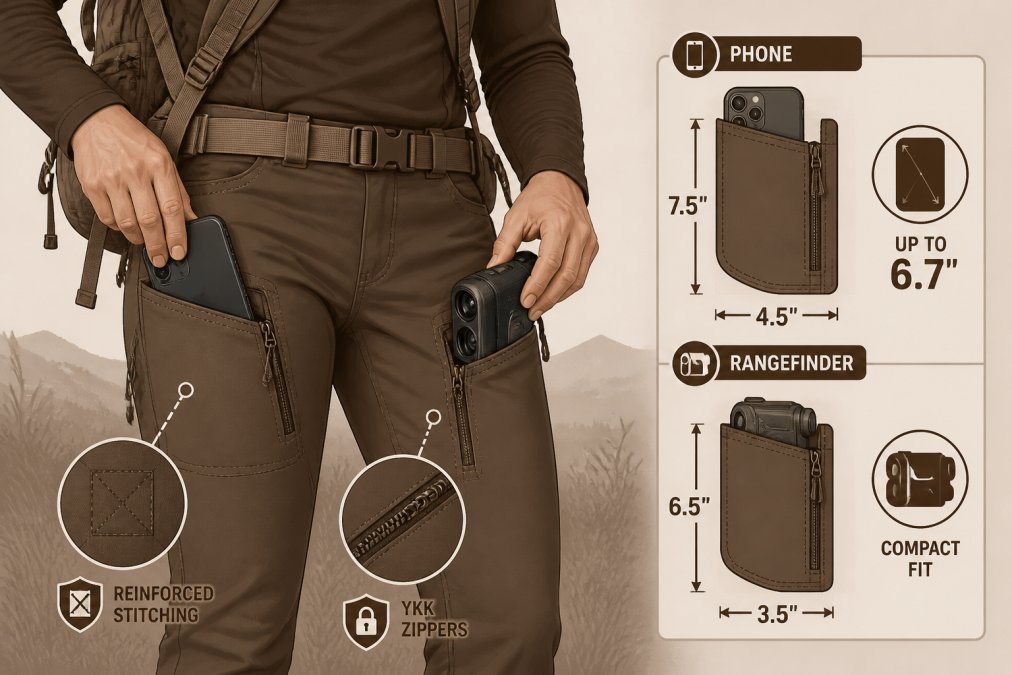 Close-up of a woman's hands accessing zippered thigh pockets on hunting pants while wearing a loaded backpack, showing a smartphone and rangefinder stored securely in separate pockets with visible reinforced stitching, outdoor field setting