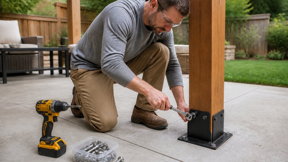 A homeowner in work clothes kneeling beside a cedar pergola post, tightening an anchor bracket into a concrete patio pad with a socket wrench, cordless drill and hardware box nearby