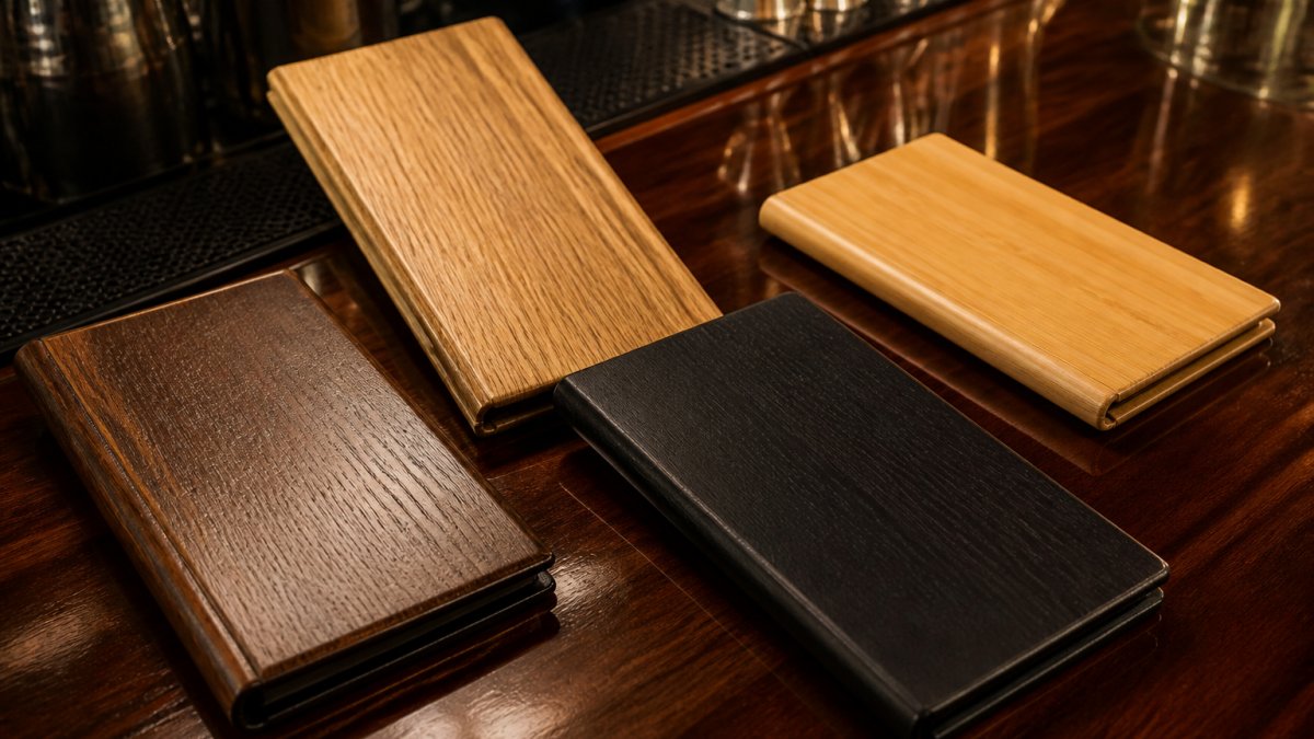 Close-up of various wooden check presenters in different finishes, rich walnut, natural oak grain, black-stained birch, and light bamboo, arranged on a polished bar counter with soft overhead lighting highlighting the wood grain and craftsmanship details