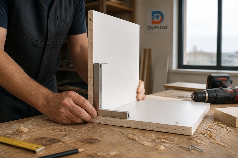 Joiner using alignment tools to fix an 18mm cabinet panel at a 90-degree angle on a workshop bench