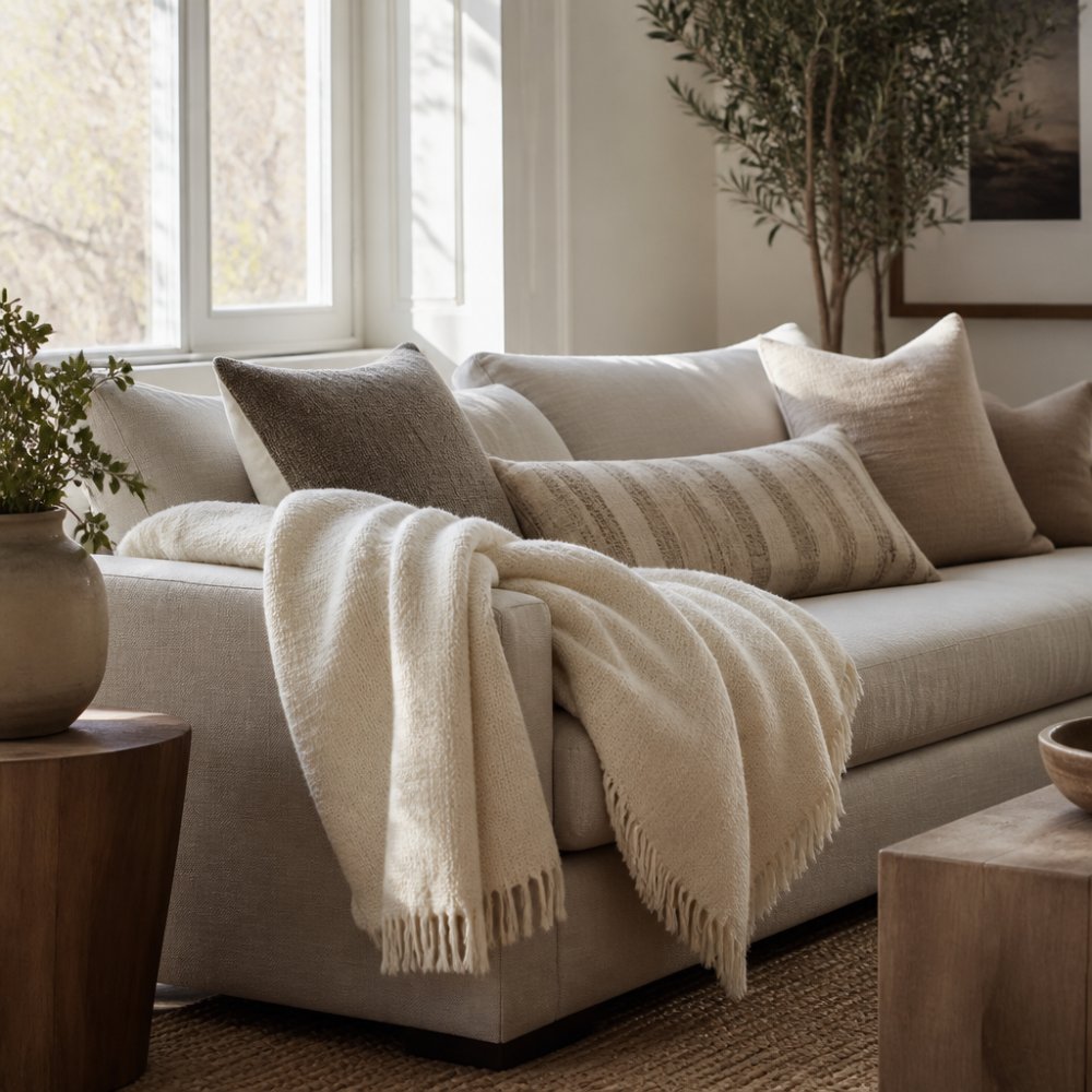 Neutral-toned living room with a cream wool throw draped casually over a modern sofa, layered with textured cushions, natural light streaming through a window, showing the relaxed elegance of wool styling