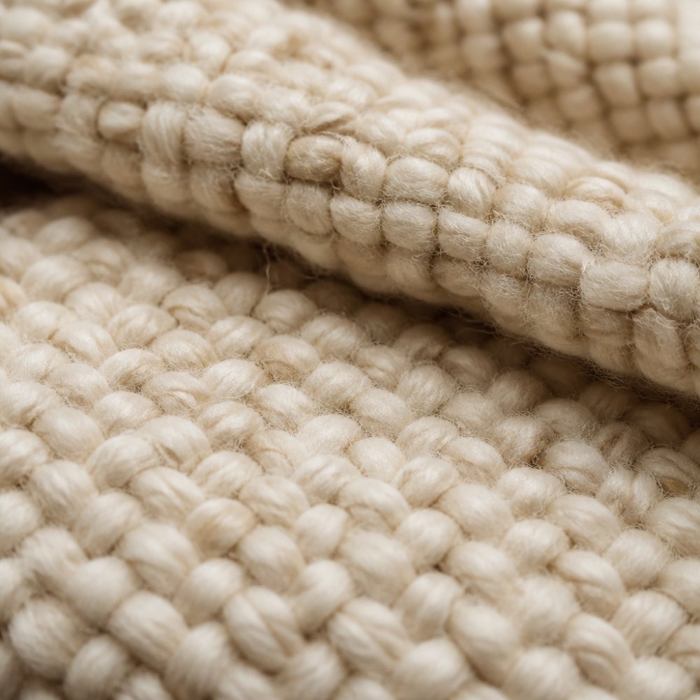 Close-up of premium wool textile fibres showing natural crimp and tight weave construction, highlighting the density and quality of durable wool throw material under natural lighting