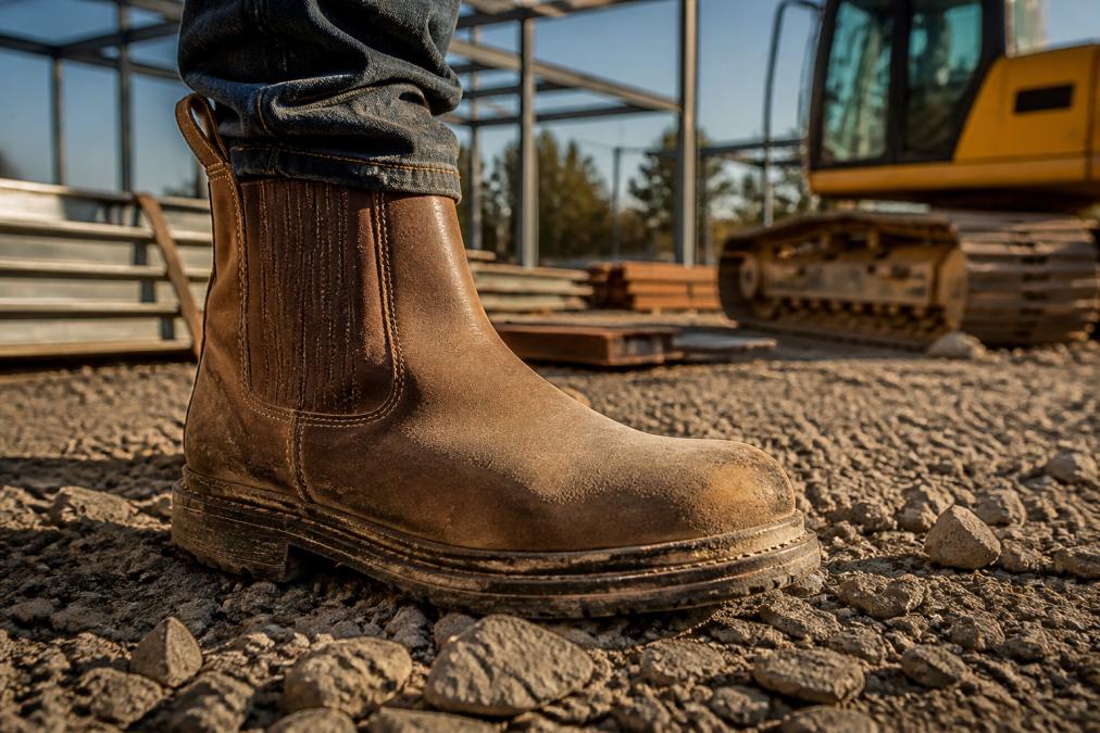 Worn brown leather durable work boots with reinforced stitching resting on construction site gravel