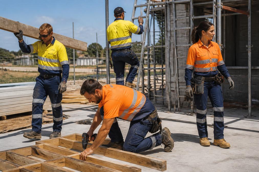Multiple tradesmen wearing different styles of durable work pants on a construction site, demonstrating fit and functionality during active work, bending, climbing, and carrying tools, with natural outdoor lighting