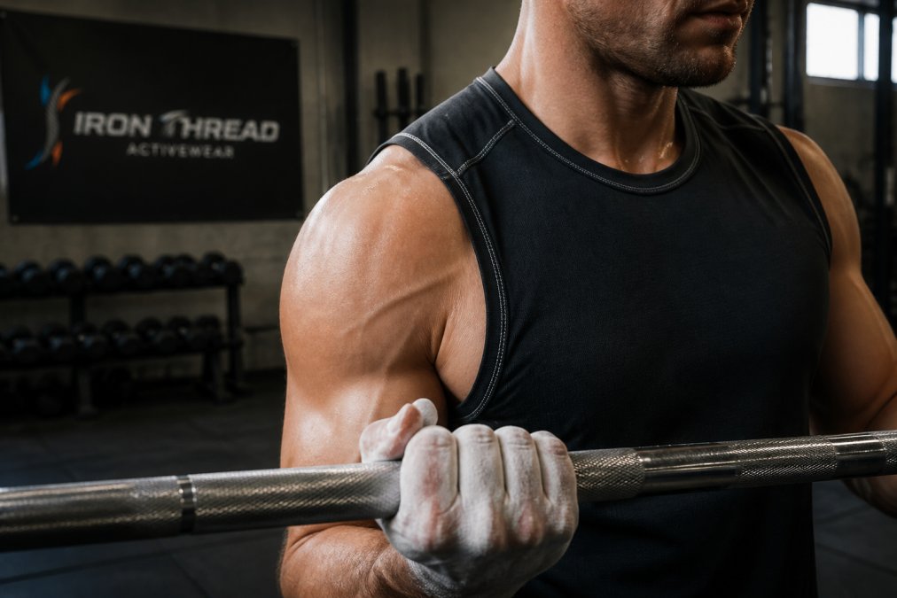 Close-up of a lifter's chalked hands gripping a knurled barbell, performance tank visible with reinforced stitching at the shoulder seam, gym lighting