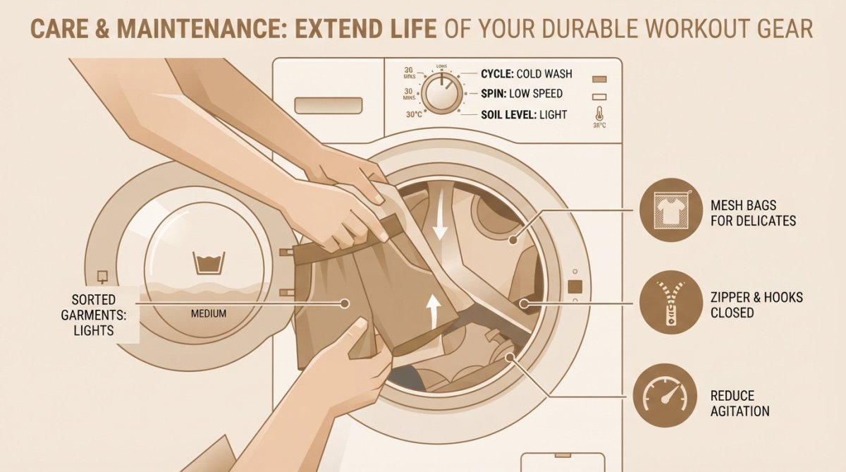 Close-up of hands placing folded athletic shirt into washing machine with proper garment care, showing machine dial settings