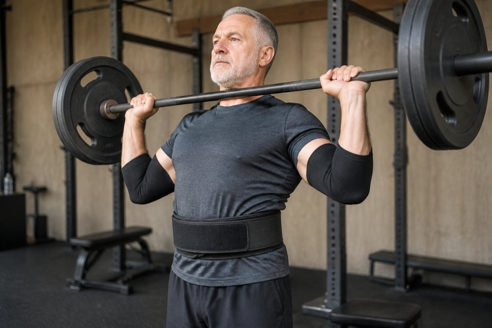 Active older adult wearing compression sleeves on both arms and a neoprene support belt during a barbell training session, demonstrating proper fit and how gear stays in place during dynamic movement
