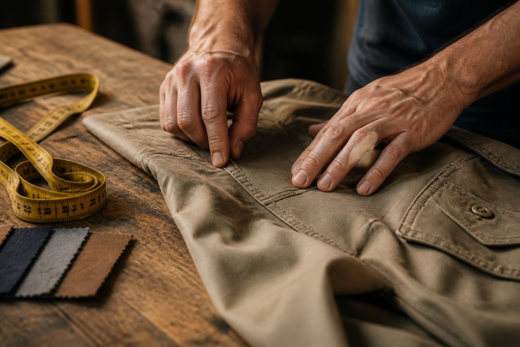 Close-up of hands inspecting the reinforced double-stitched seam of durable workwear on a timber workbench.