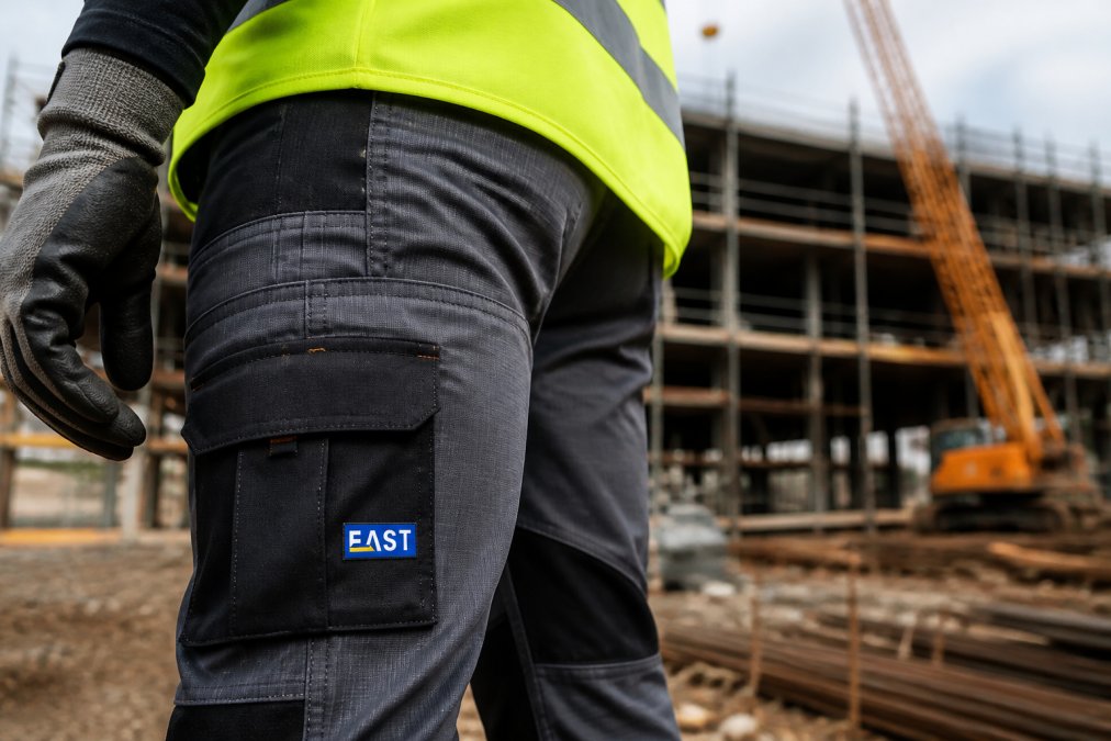 Close-up of construction worker wearing reinforced work trousers with visible ripstop weave pattern and high-visibility vest on an active building site, showing fabric texture and durability features in natural daylight