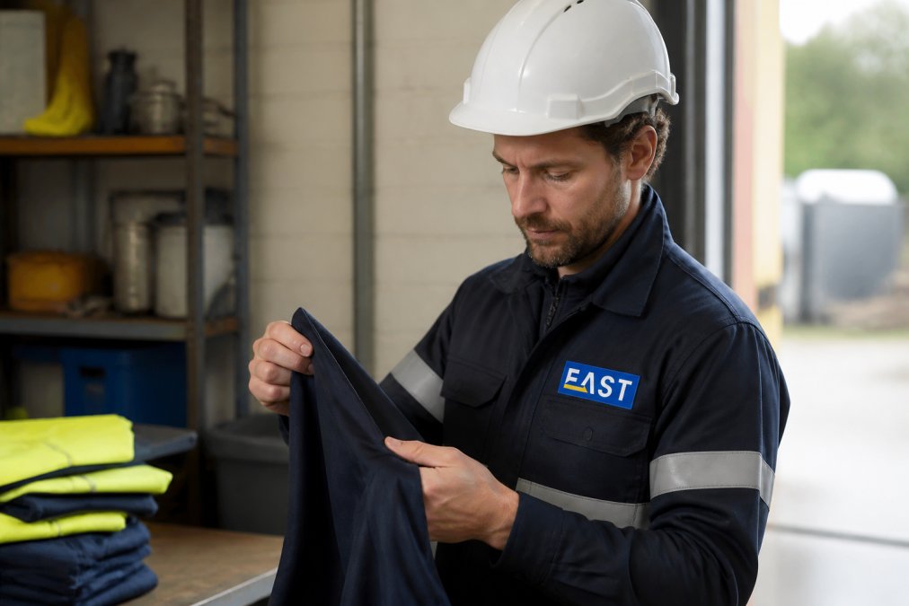 Construction worker or team member carefully inspecting embroidered workwear gear, checking seams and print quality with branded logo clearly visible under natural workshop lighting