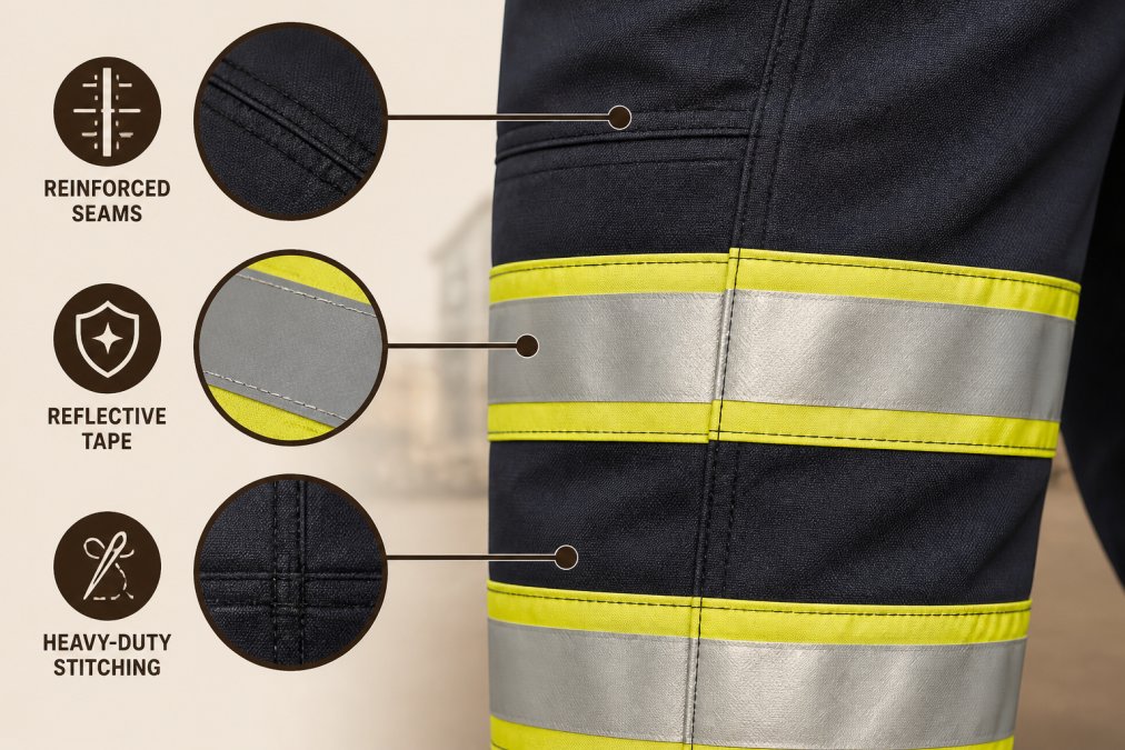 Close-up of reinforced seams and reflective tape on high-visibility work pants, showing heavy-duty stitching quality and durability details under natural light