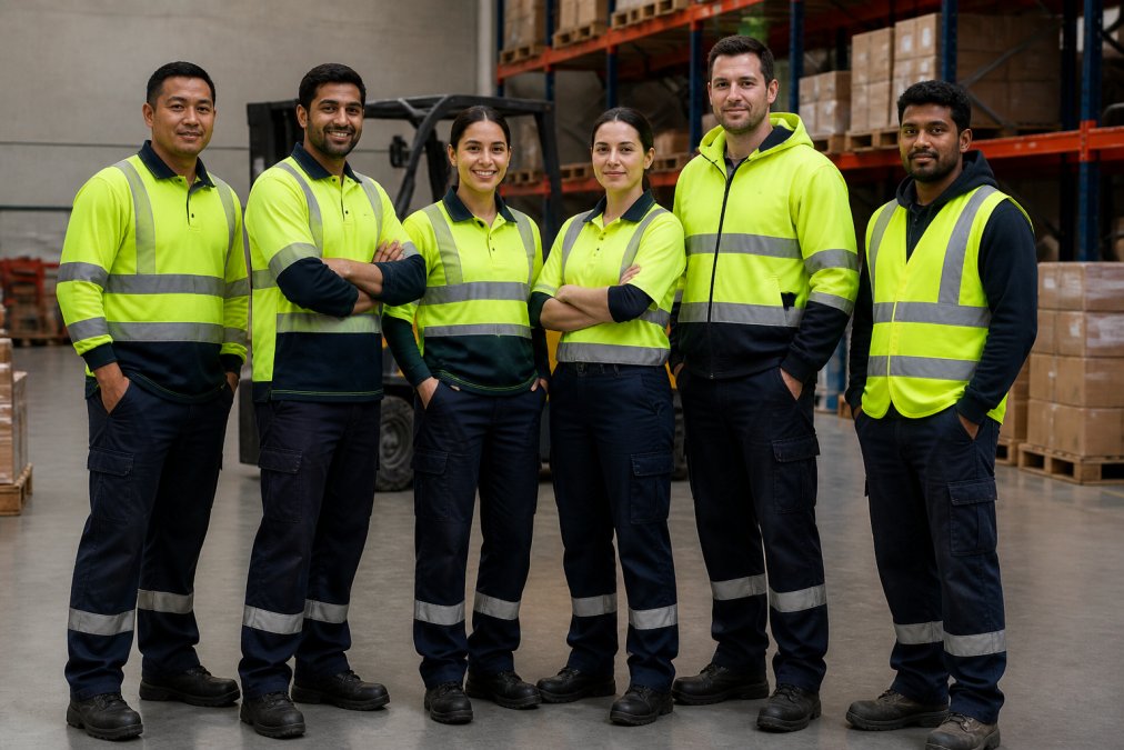 Logistics team wearing coordinated high-visibility workwear with custom company branding, standing together in a modern warehouse environment