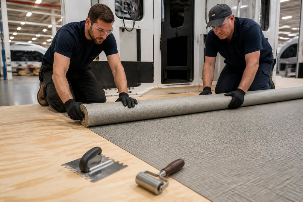 Two RV assembly workers in safety glasses and gloves laying a roll of woven vinyl flooring onto a plywood subfloor inside a brightly lit manufacturing bay, with adhesive trowel and seam roller visible nearby