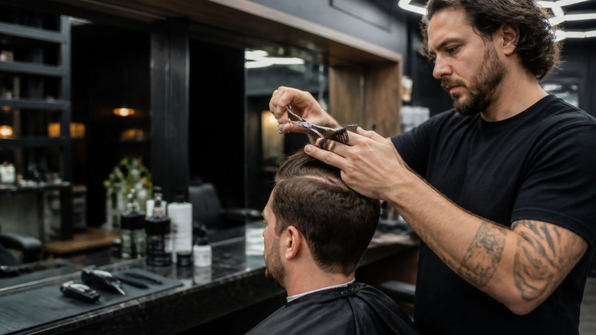 Un barbier utilisant des ciseaux pour la coupe, respectant la durée idéale pour un résultat précis.